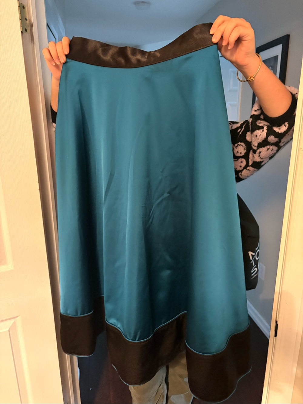Teal Satin A-Line Skirt with Black Trim